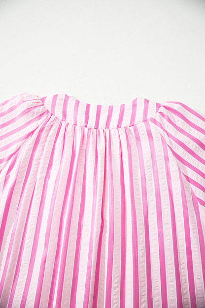 Pink Stripe V Neck Short Sleeve Shift Long Dress