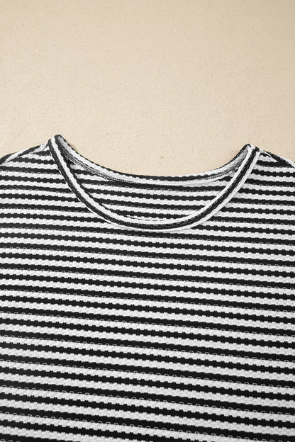 Black Stripe Breathable Textured Knit Short 2pcs Set