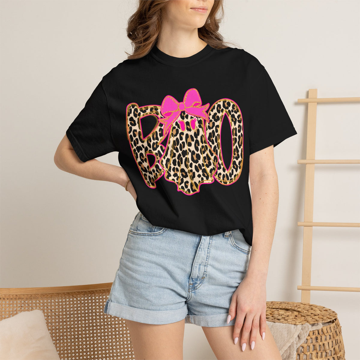 Leopard Print 'BOO' Halloween T-Shirt with Pink Bow