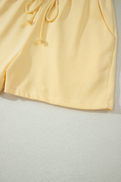 Yellow  Eyelet Lace Patchwork Sleeve Short 2pcs Outfit