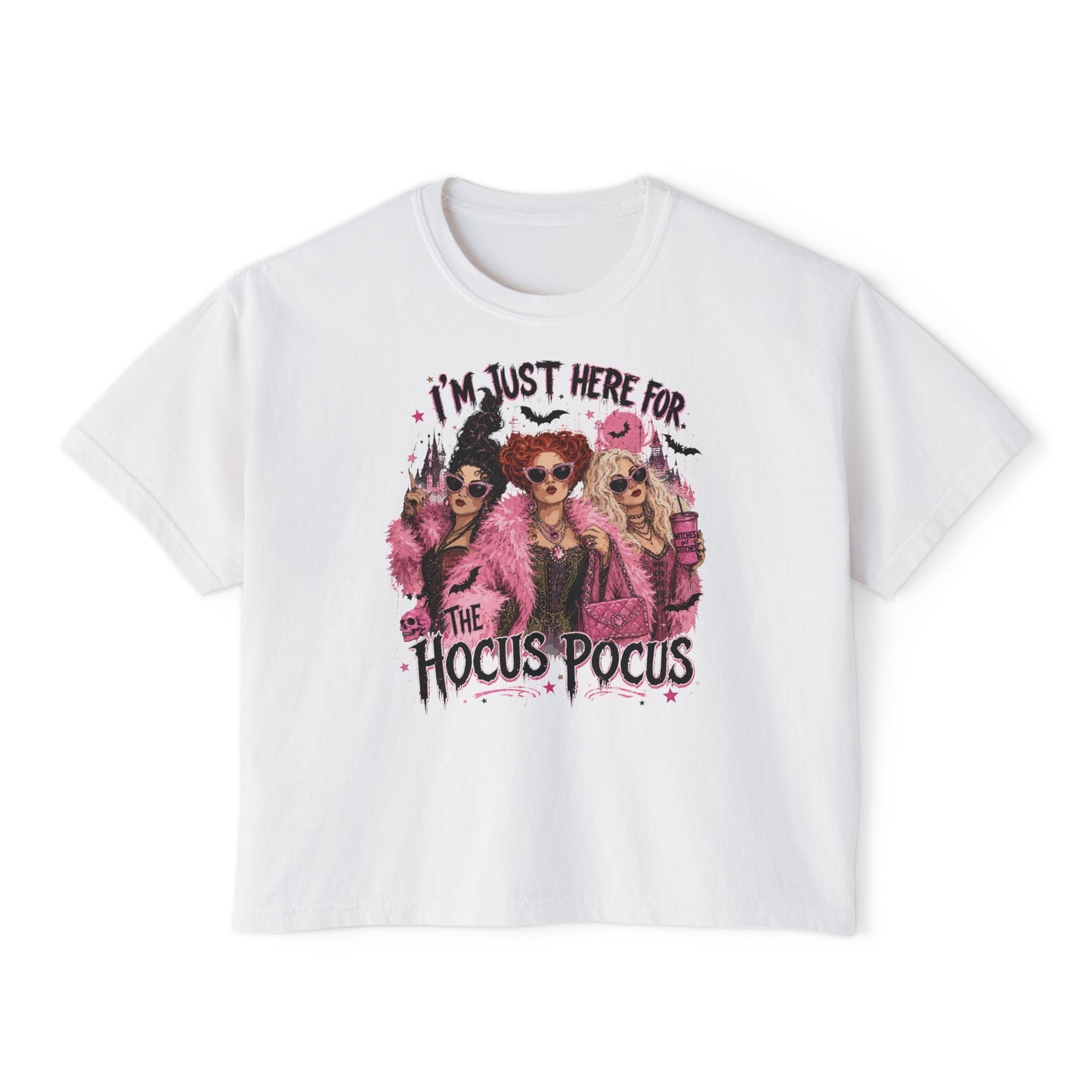 Hocus Pocus Women's Boxy Tee — "I'm Just Here for the Hocus Pocus" Halloween Shirt
