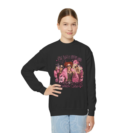Hocus Pocus Youth Sweatshirt – "I’m Just Here for the Hocus Pocus" Halloween Crewneck
