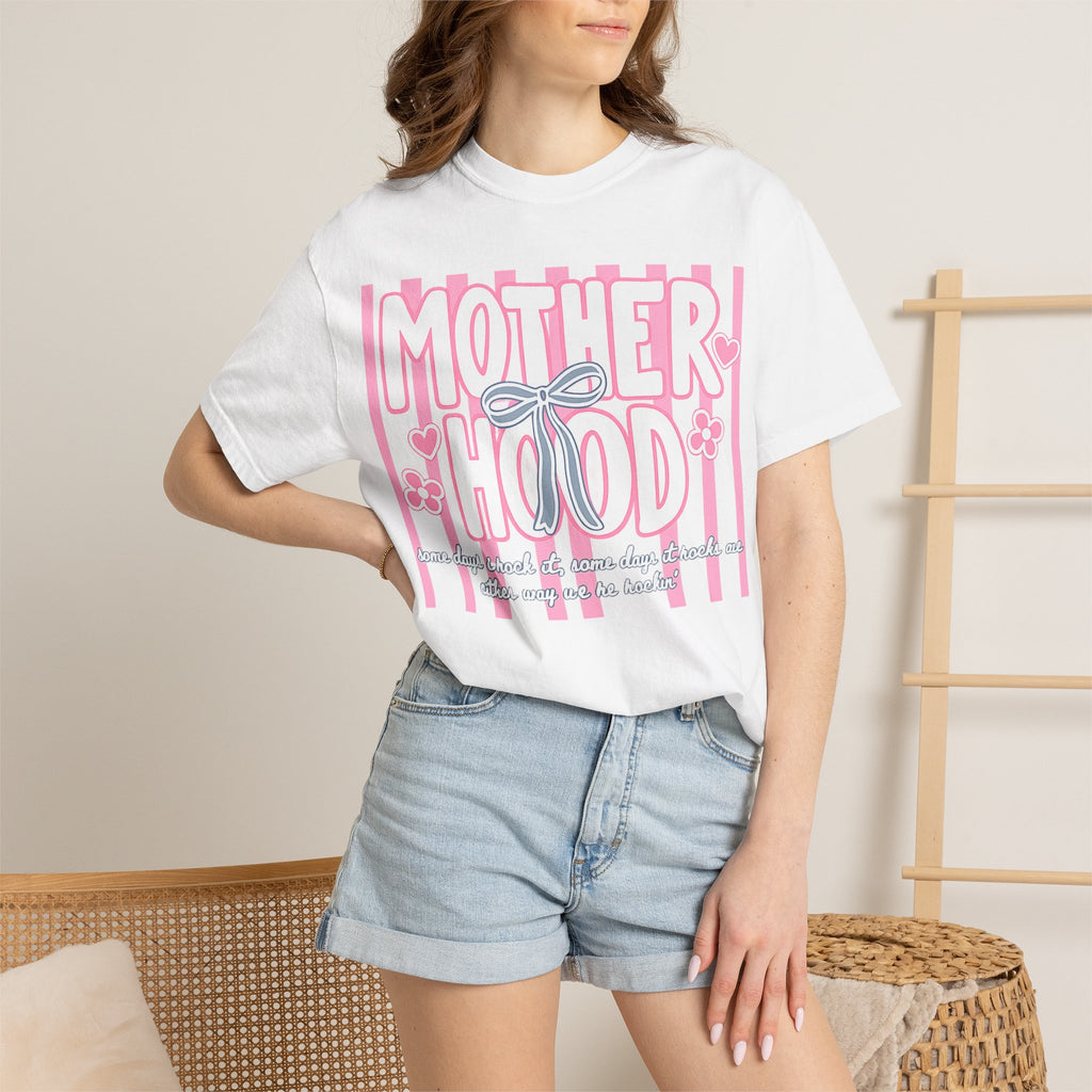 Motherhood Graphic T-Shirt — Pink Striped Mom Shirt ("MOTHERHOOD")