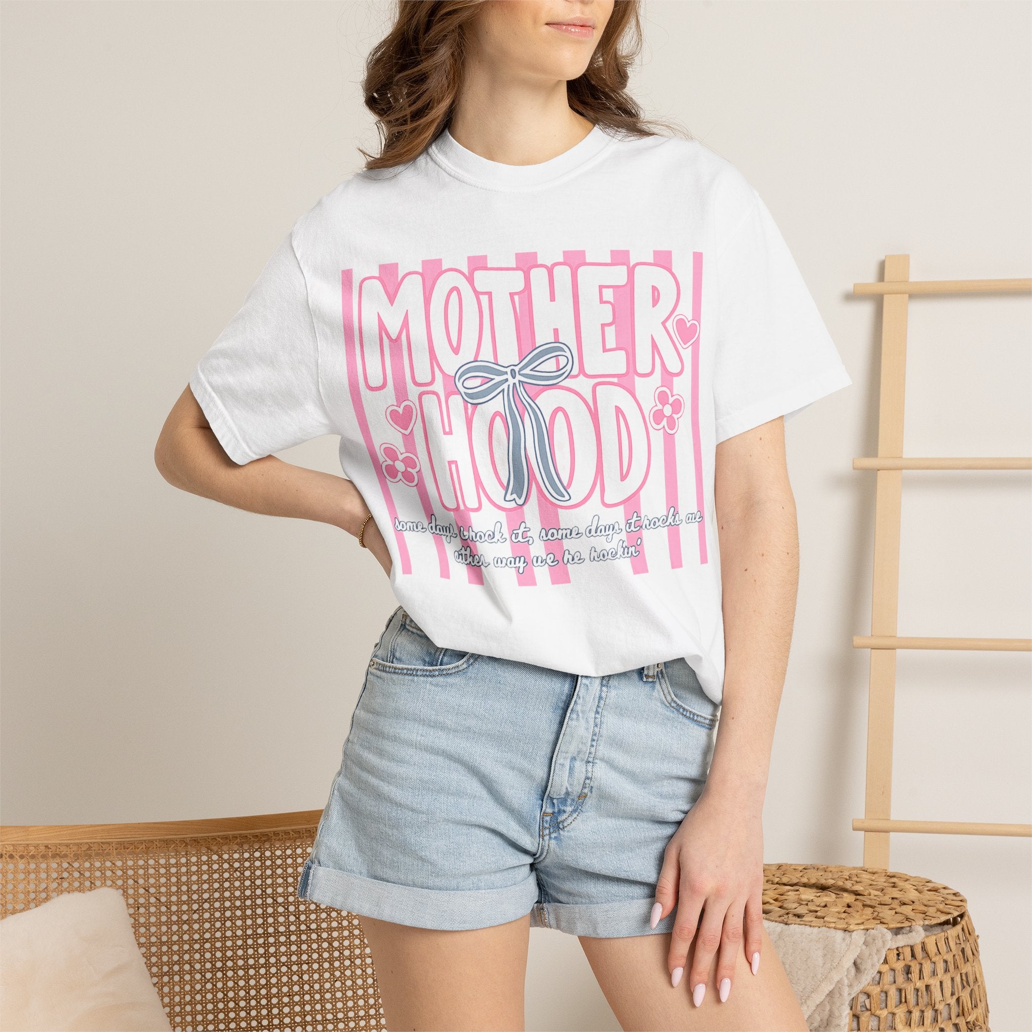 Motherhood Graphic T-Shirt — Pink Striped Mom Shirt ("MOTHERHOOD")