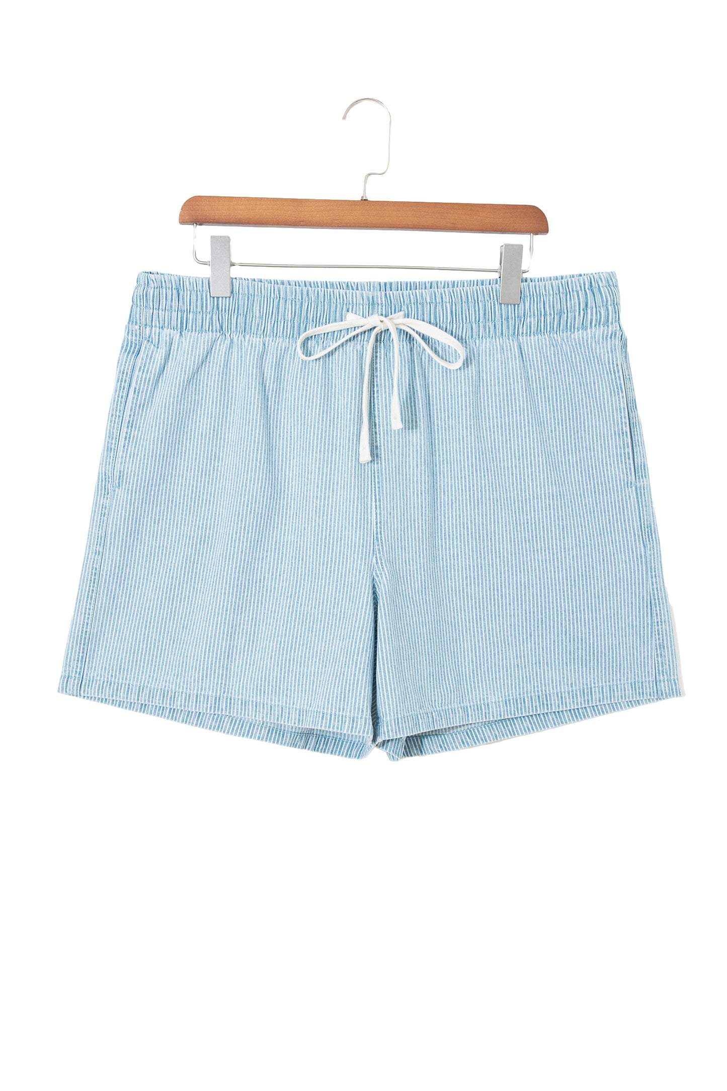 Sky Blue Stripe Plus Size Contrast Drawstring Elastic Waist Denim Shorts