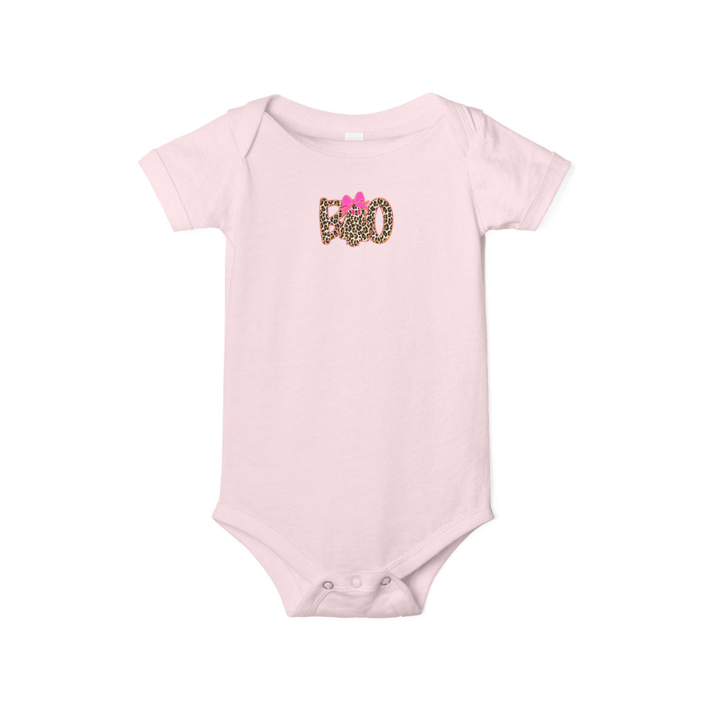 Infant One-Piece Bodysuit – Leopard 'Boo' with Pink Bow Baby Halloween Outfit
