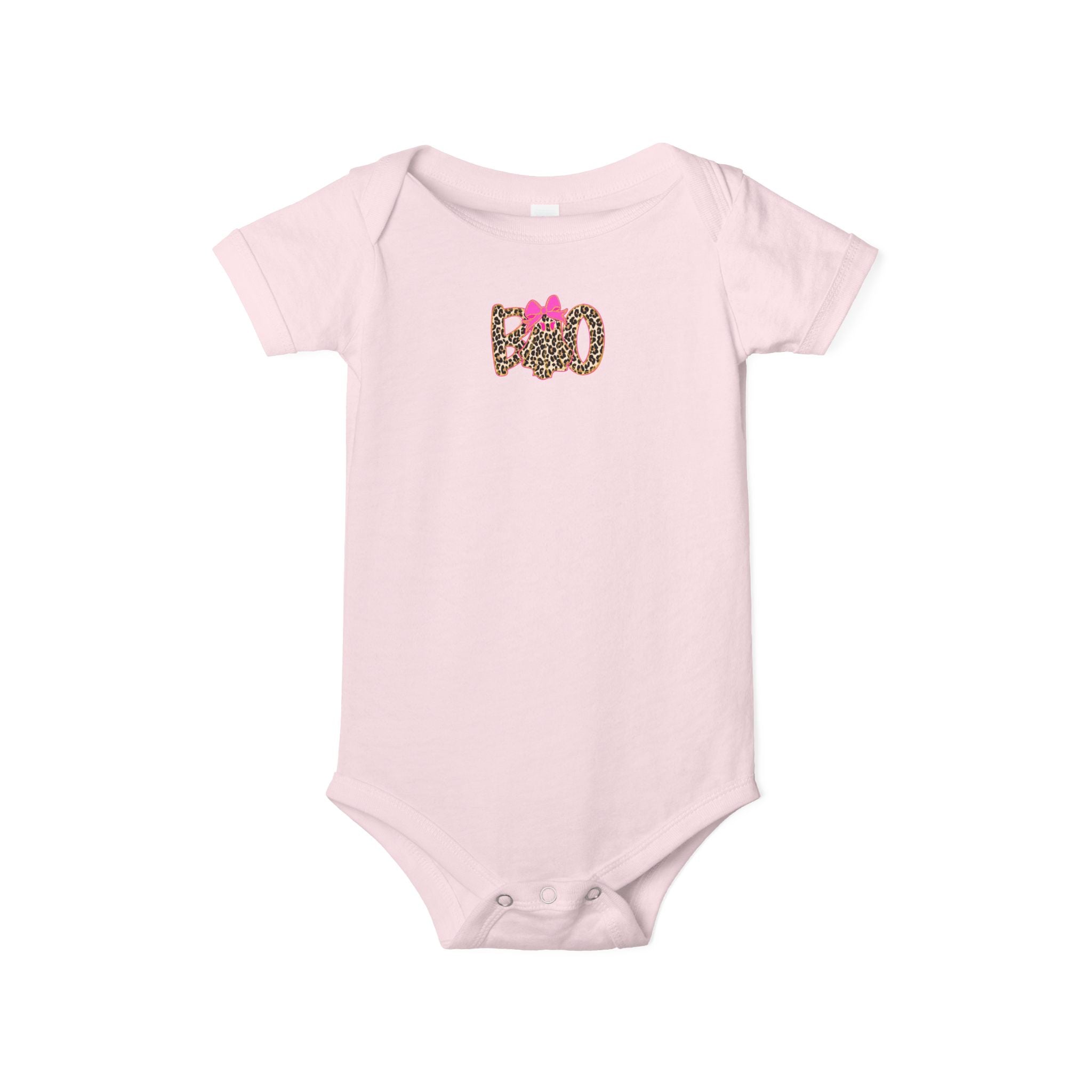 Infant One-Piece Bodysuit – Leopard 'Boo' with Pink Bow Baby Halloween Outfit