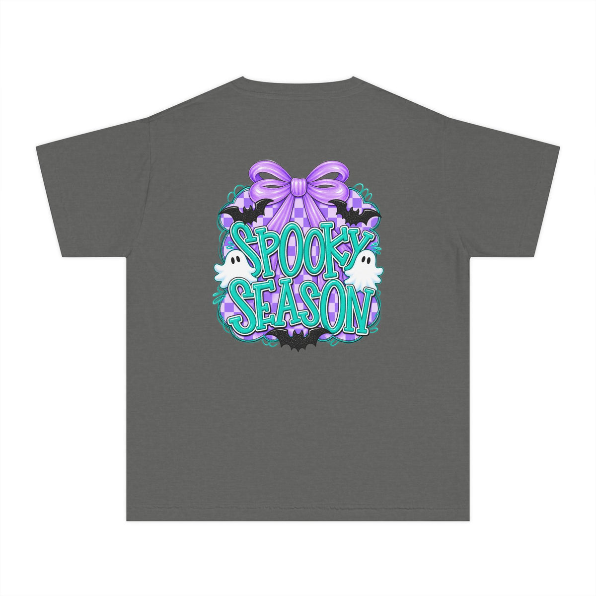 Youth Tee — "Spook Season" Ghost Wreath Halloween Shirt (Purple Bow)