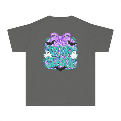 Youth Tee — "Spook Season" Ghost Wreath Halloween Shirt (Purple Bow)