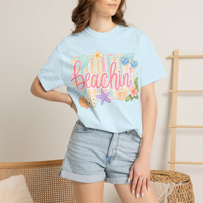 Beachin' T-Shirt — Tropical Summer Graphic Tee with Seashells & Sunglasses