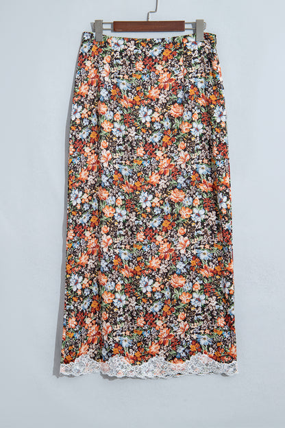 Brown Cheetah Print Trim Split Long Western Skirt