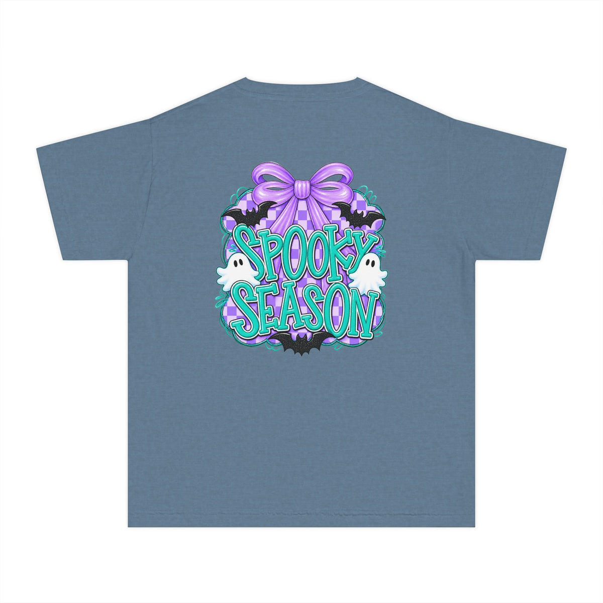 Youth Tee — "Spook Season" Ghost Wreath Halloween Shirt (Purple Bow)