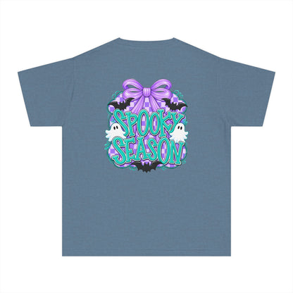 Youth Tee — "Spook Season" Ghost Wreath Halloween Shirt (Purple Bow)