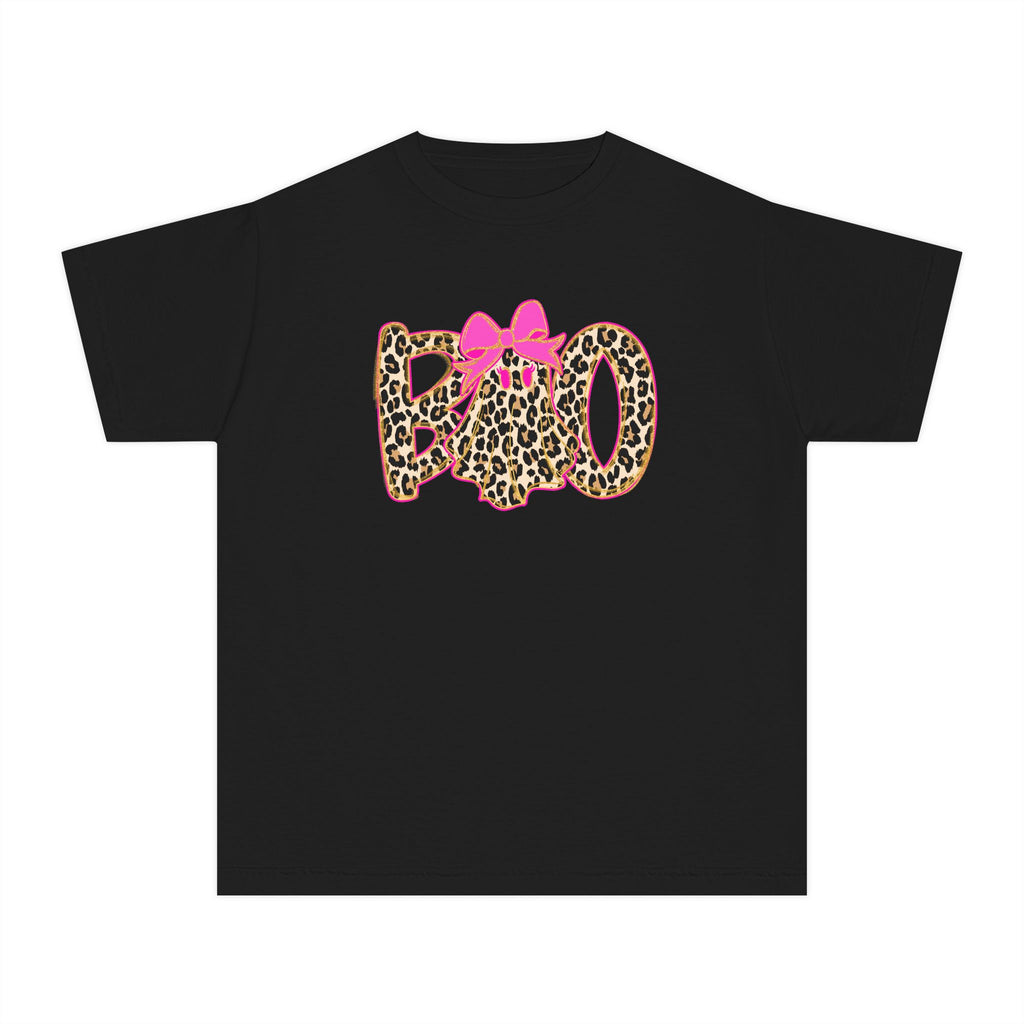 Kids Halloween Tee - Leopard Print 'BOO' with Pink Bow