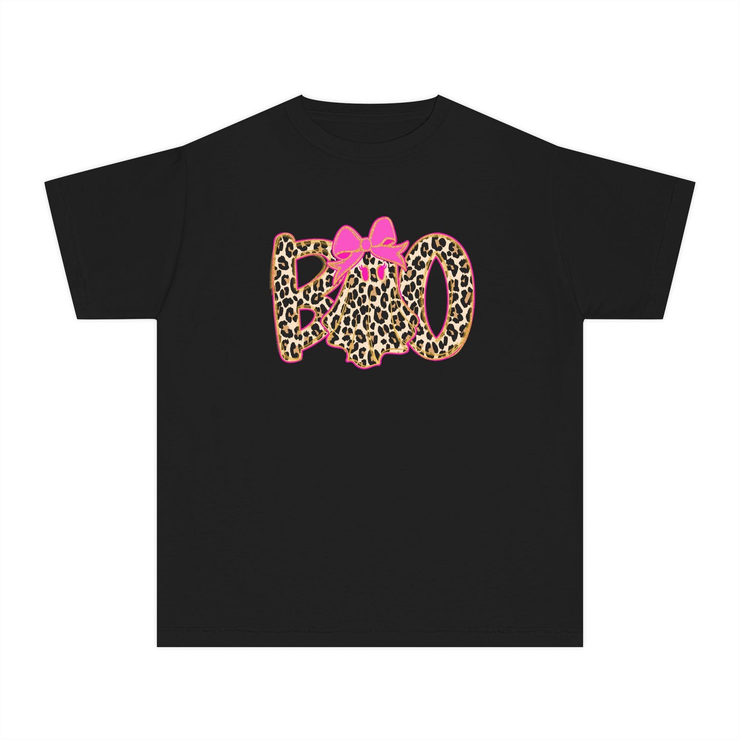 Kids Halloween Tee - Leopard Print 'BOO' with Pink Bow