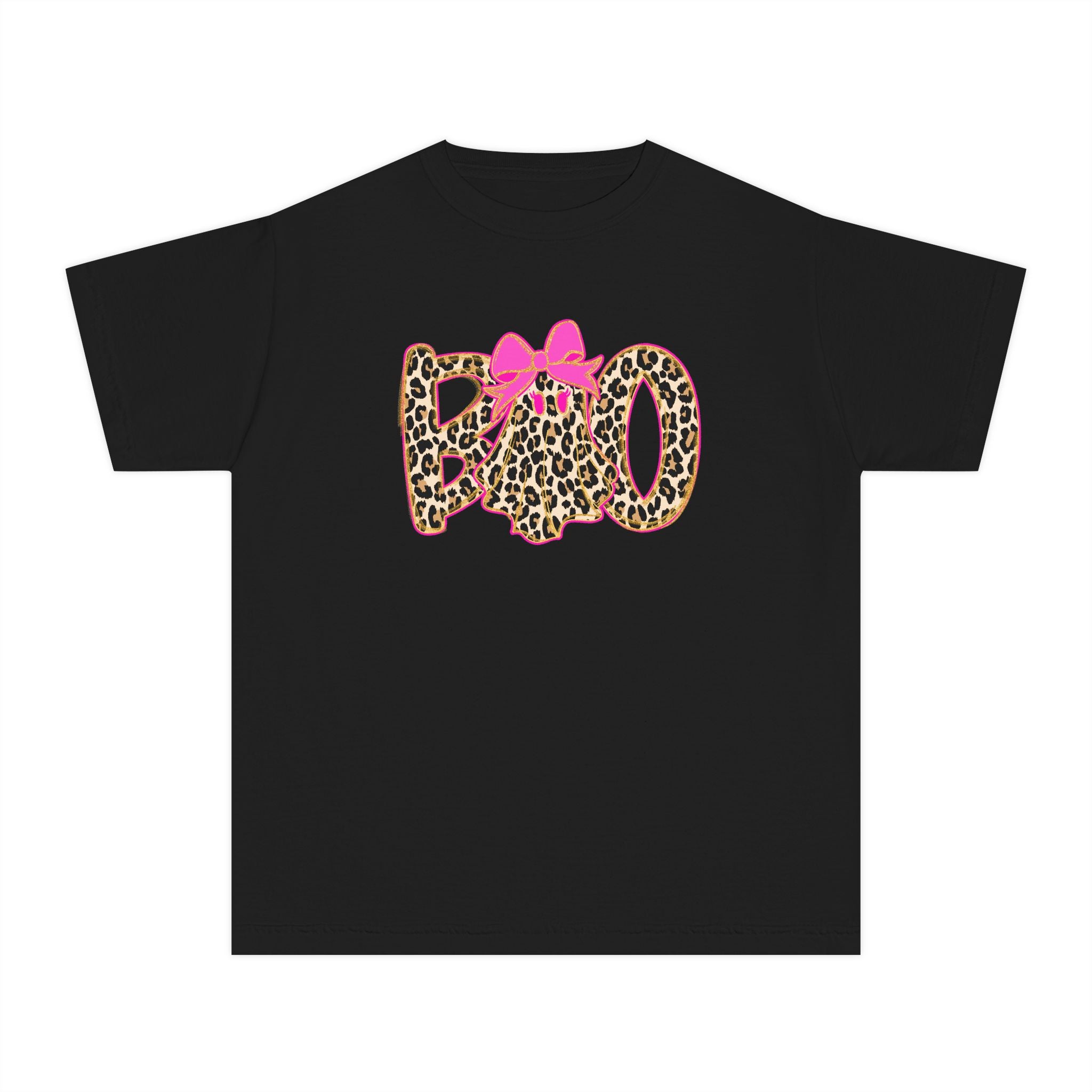 Kids Halloween Tee - Leopard Print 'BOO' with Pink Bow