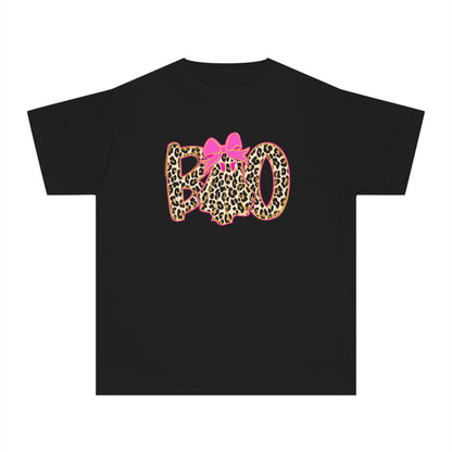 Kids Halloween Tee - Leopard Print 'BOO' with Pink Bow