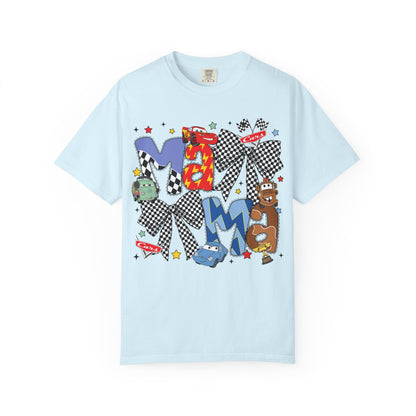 Graphic Tee — Playful 'MAMA' Cartoon Letter Shirt with Checkerboard Bows