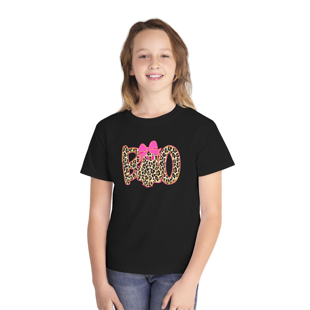 Kids Halloween Tee - Leopard Print 'BOO' with Pink Bow