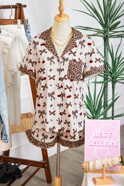 White Chic Bow Cherry Printed Leopard Contrast Patchwork Shirt Drawstring Shorts 2pcs PJ Set