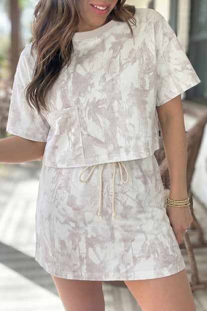 Gray Woodland Camo Print Raw Edge Cropped Top Skirt Set