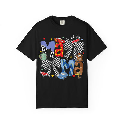 Graphic Tee — Playful 'MAMA' Cartoon Letter Shirt with Checkerboard Bows
