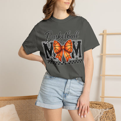 Basketball Mom T-Shirt — 'Basketball MOM' with Bow & Checkered Accent