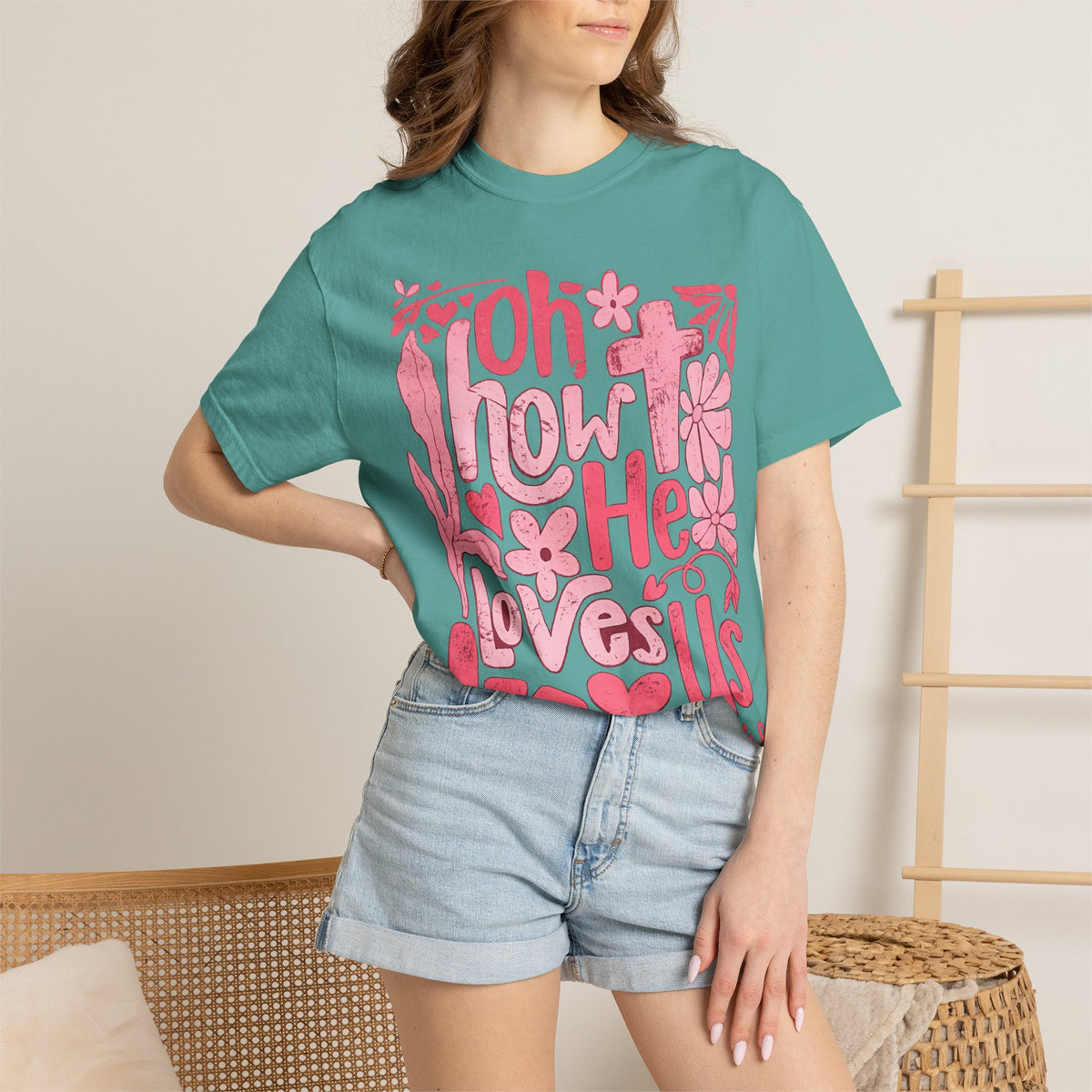 Oh How He Loves Us T-Shirt — Pink Floral Christian Tee (Ephesians 2:4-8)