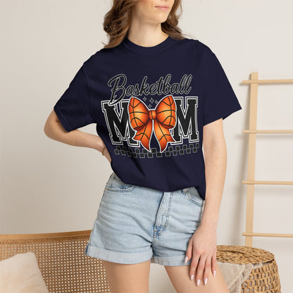 Basketball Mom T-Shirt — 'Basketball MOM' with Bow & Checkered Accent