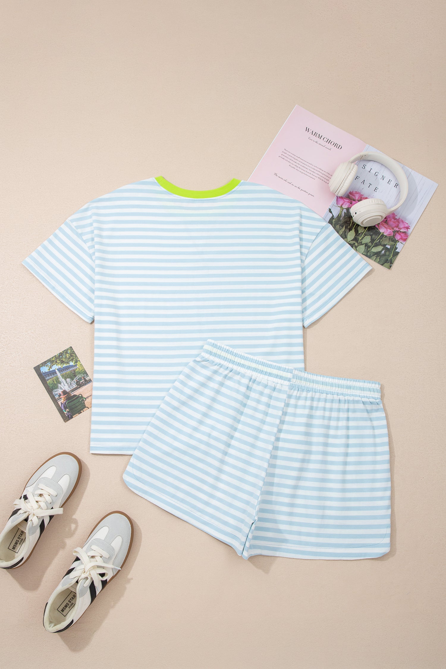 Sky Blue Stripe Contrast Neck Loose Tee and Drawstring Set