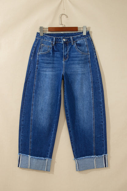 Myosotis Raw Hem Turnup Loose Ankle-length Jeans