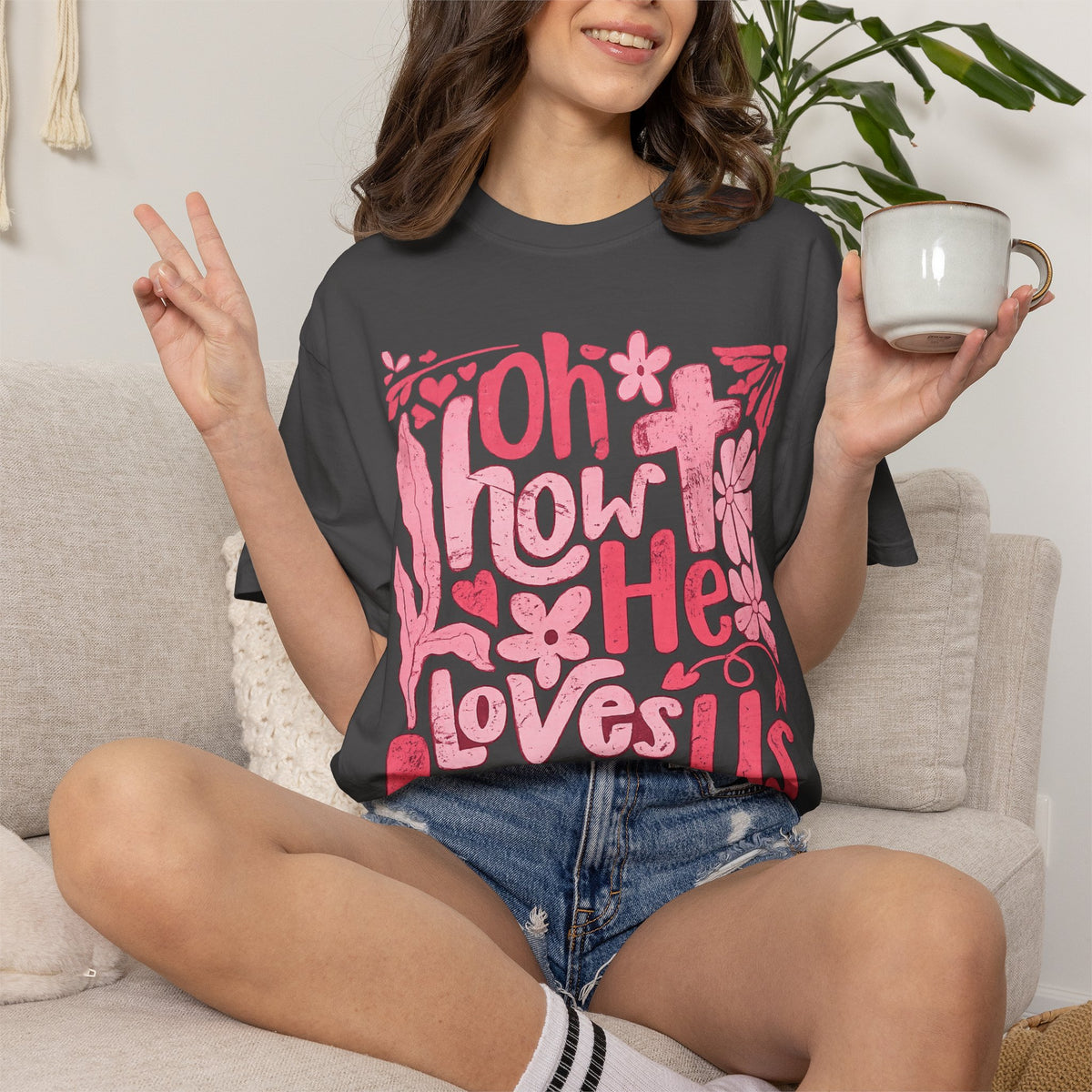 Oh How He Loves Us T-Shirt — Pink Floral Christian Tee (Ephesians 2:4-8)