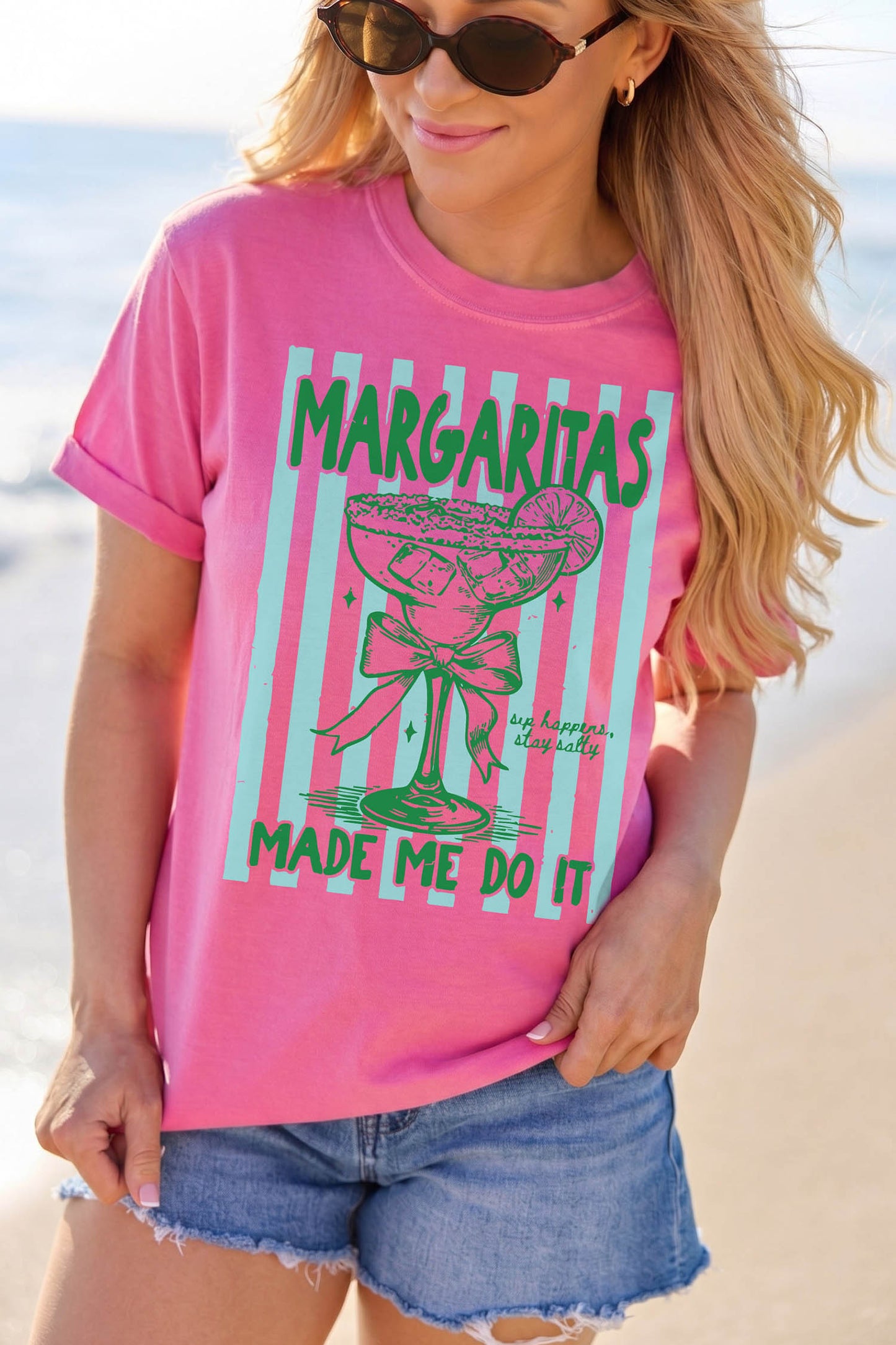 Rose Red Margaritas Made Me Do It Striped Graphic Beach Vacation Tee