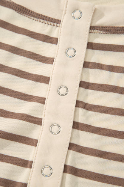Brown Stripe Plus Size Half Buttons Top and Shorts Set