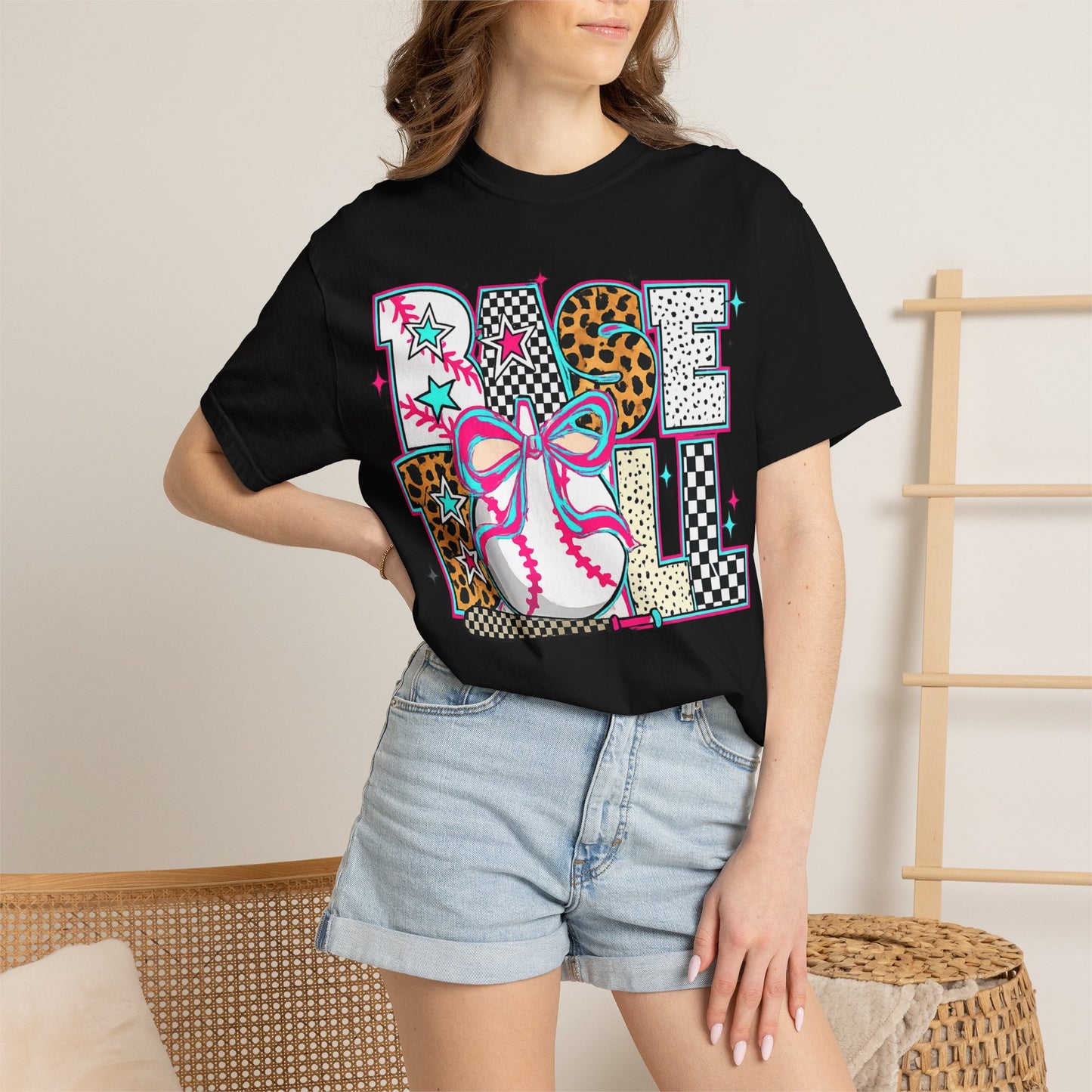 Baseball Mom Graphic T-Shirt — Colorful Leopard Print "Baseball" Design