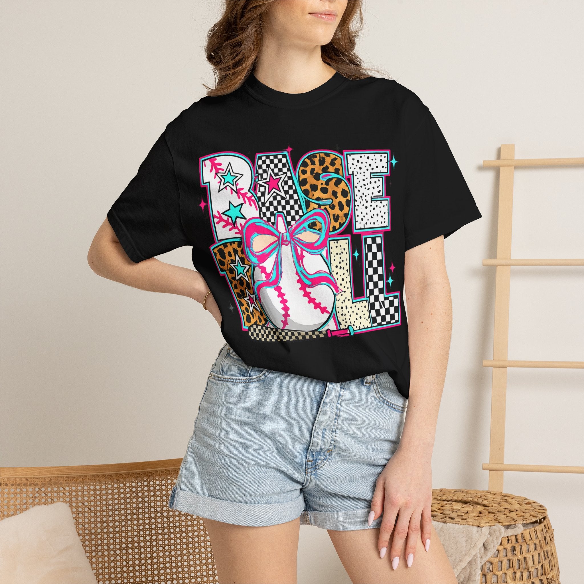 Baseball Mom Graphic T-Shirt — Colorful Leopard Print "Baseball" Design