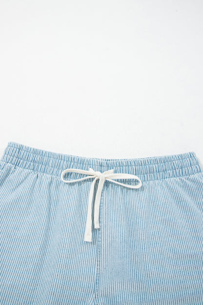 Sky Blue Stripe Plus Size Contrast Drawstring Elastic Waist Denim Shorts