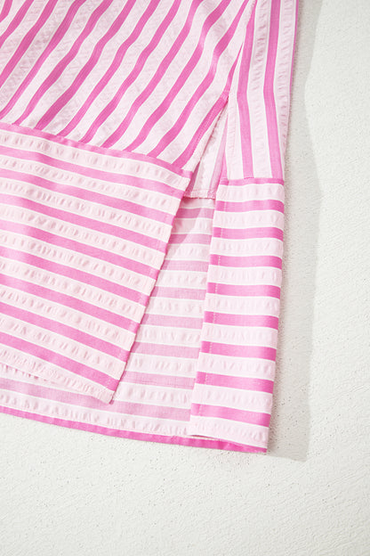 Pink Stripe V Neck Short Sleeve Shift Long Dress