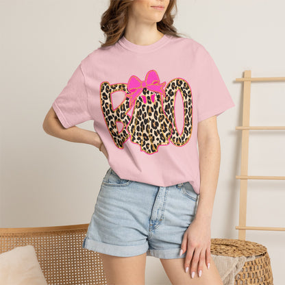 Leopard Print 'BOO' Halloween T-Shirt with Pink Bow
