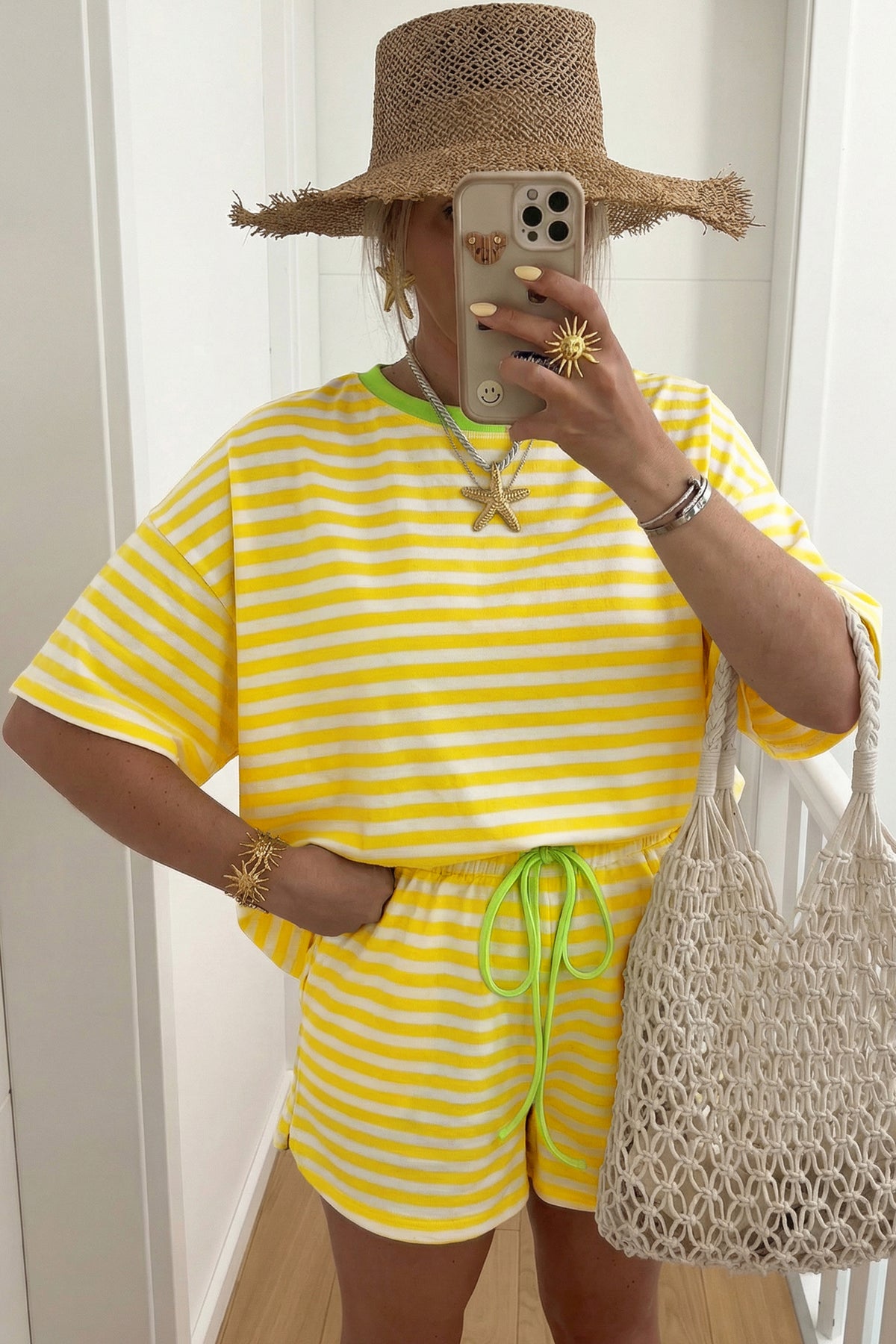 Sky Blue Stripe Contrast Neck Loose Tee and Drawstring Shorts Set