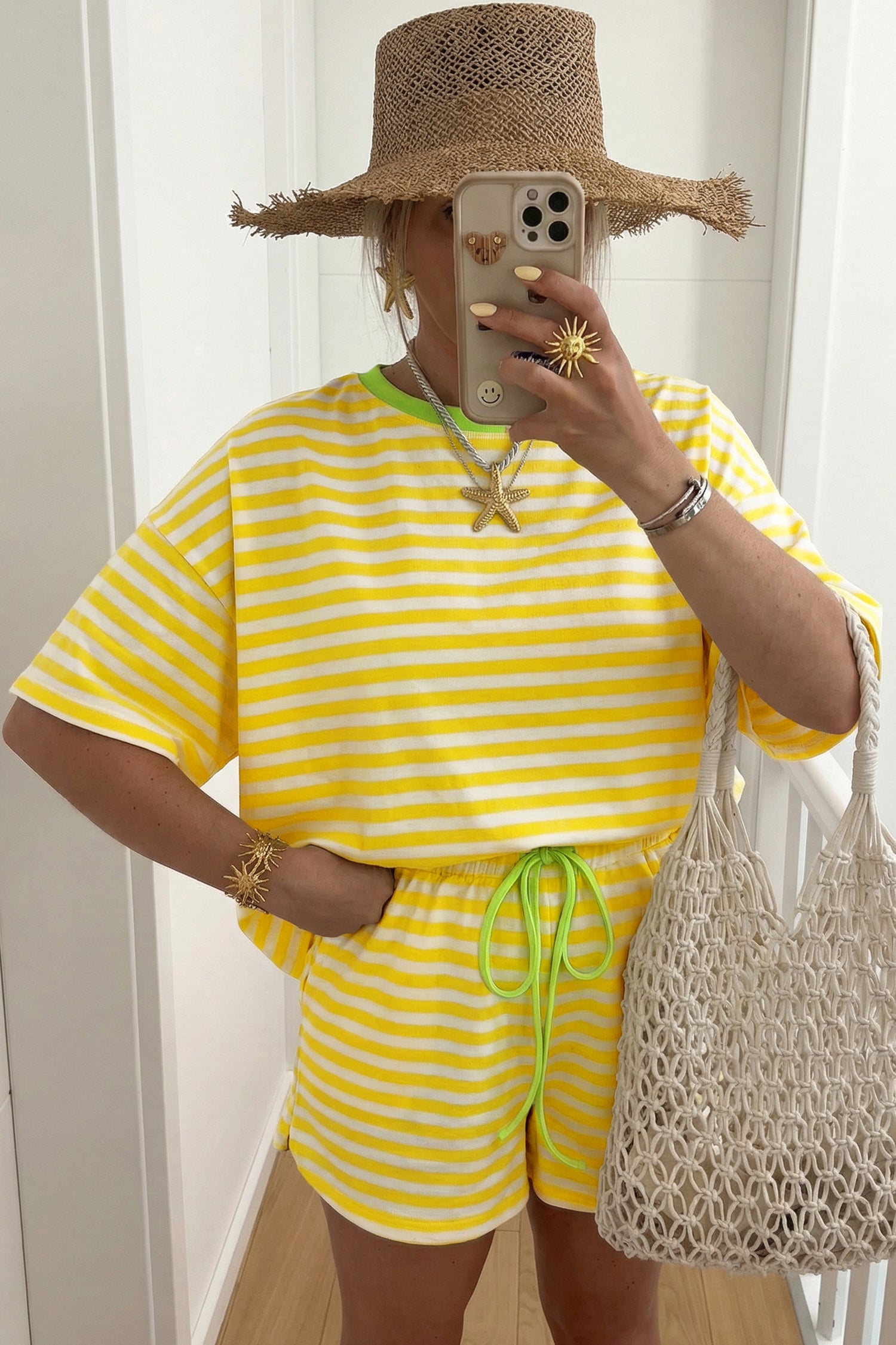 Sky Blue Stripe Contrast Neck Loose Tee and Drawstring Set