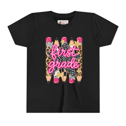 First Grade Youth Tee — Leopard Pencil Back to School Shirt