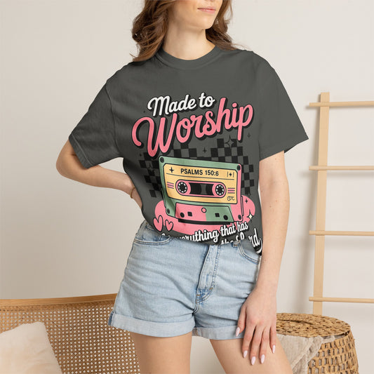 Made to Worship T‑Shirt – Retro Cassette Christian Tee (Psalm 150:6)