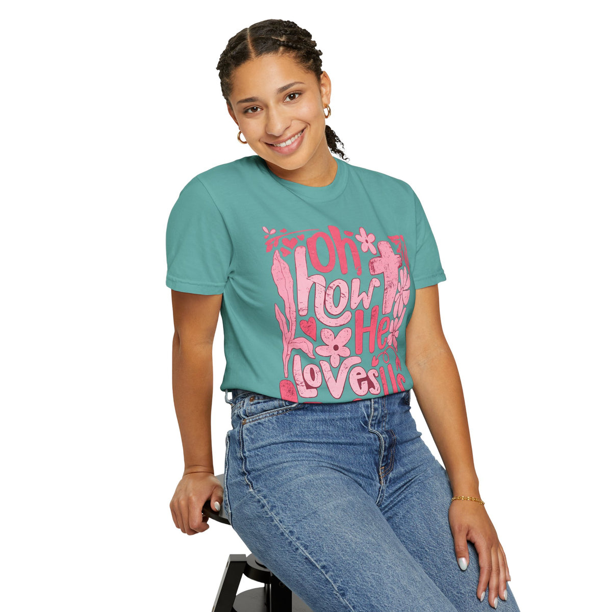 Oh How He Loves Us T-Shirt — Pink Floral Christian Tee (Ephesians 2:4-8)