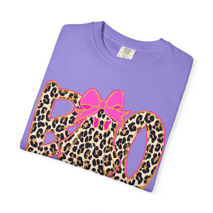 Leopard Print 'BOO' Halloween T-Shirt with Pink Bow