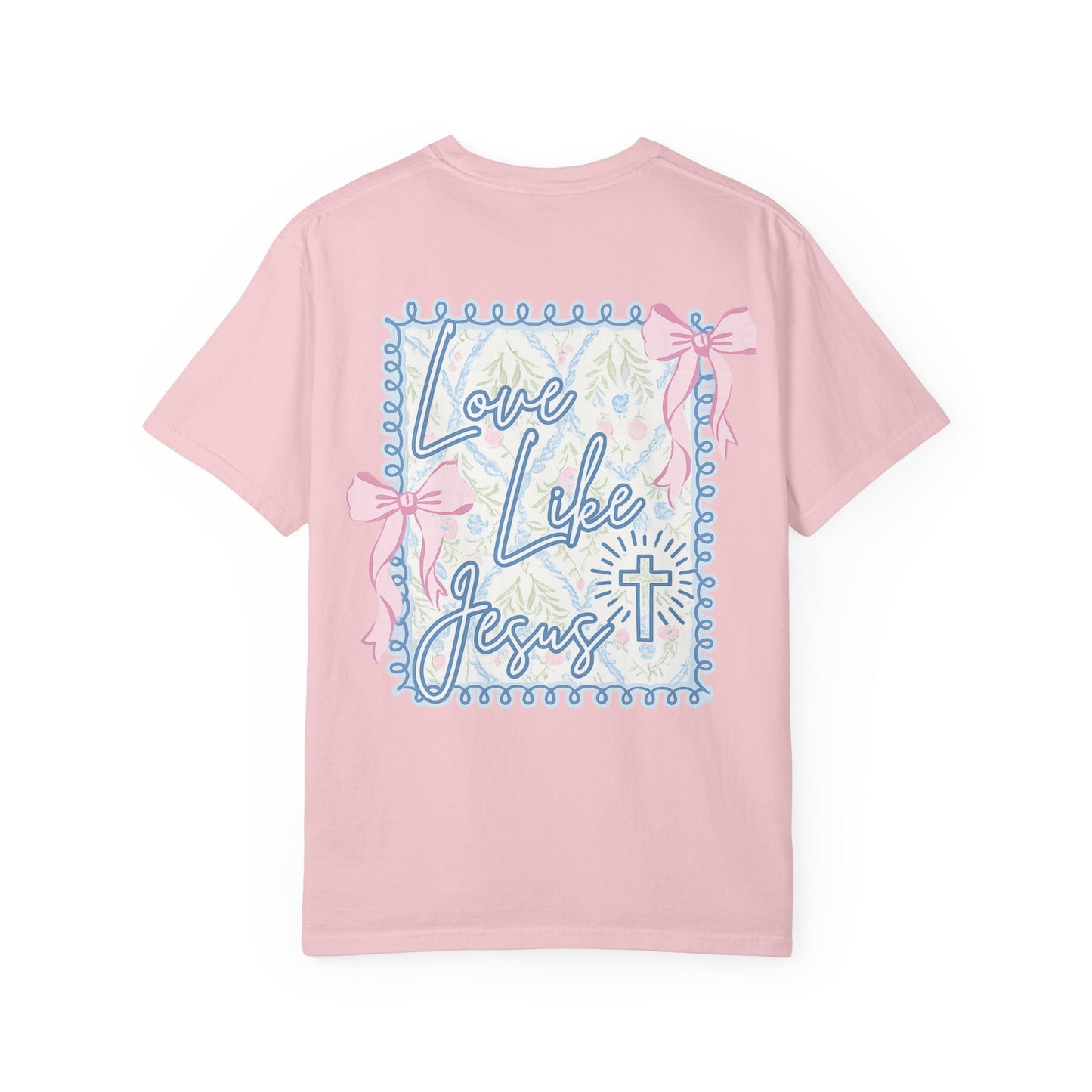T-shirt — "Love Like Jesus" Pastel Cross & Bow Graphic