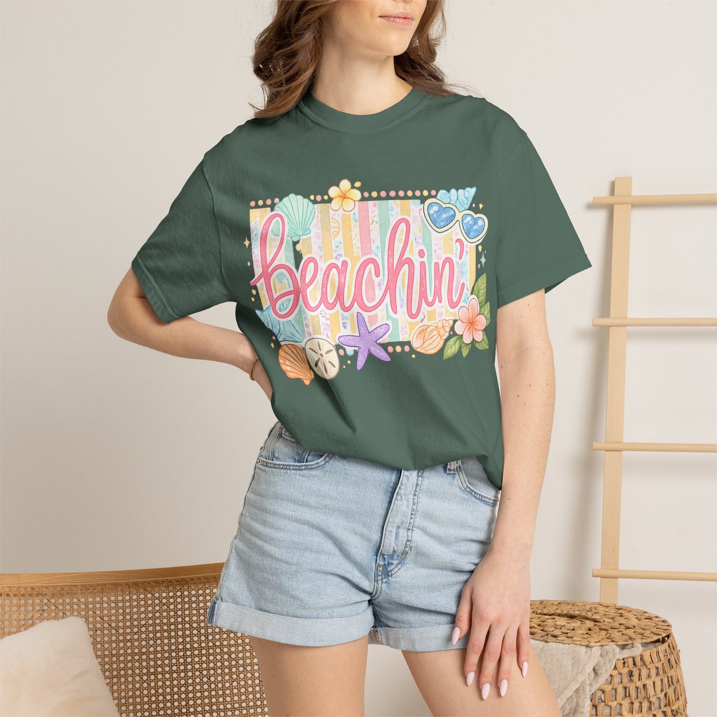 Beachin' T-Shirt — Tropical Summer Graphic Tee with Seashells & Sunglasses