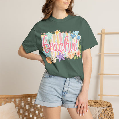 Beachin' T-Shirt — Tropical Summer Graphic Tee with Seashells & Sunglasses