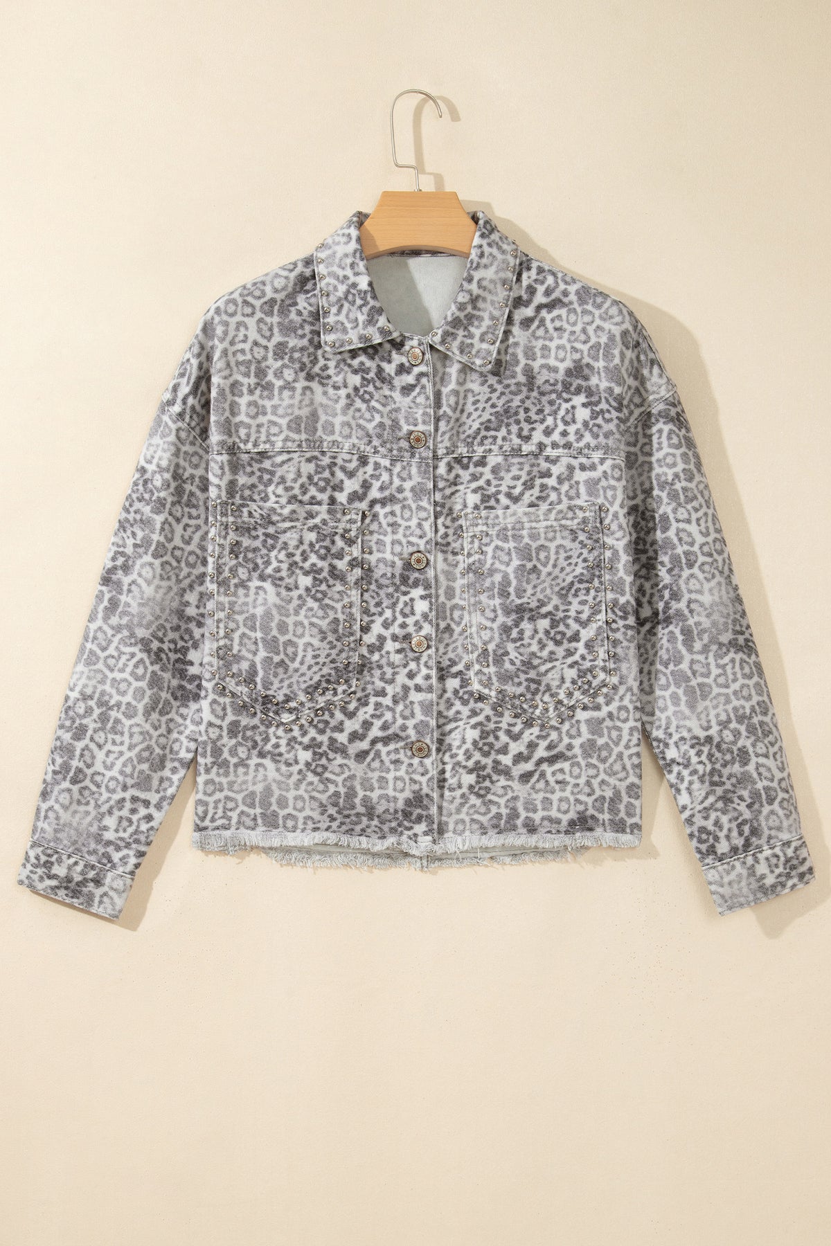 Khaki Leopard Print Studded Collar Studded Patch Pocket Denim Jacket