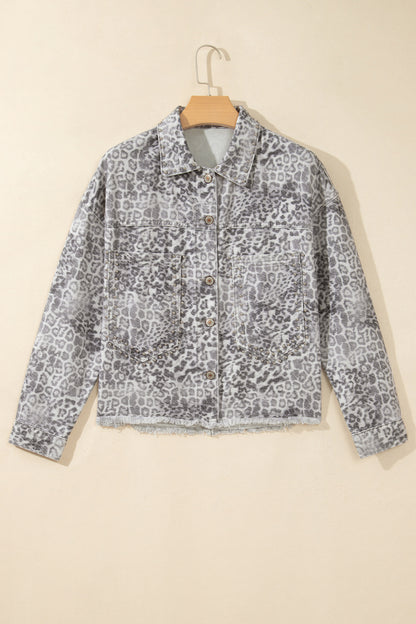Khaki Leopard Print Studded Collar Studded Patch Pocket Denim Jacket